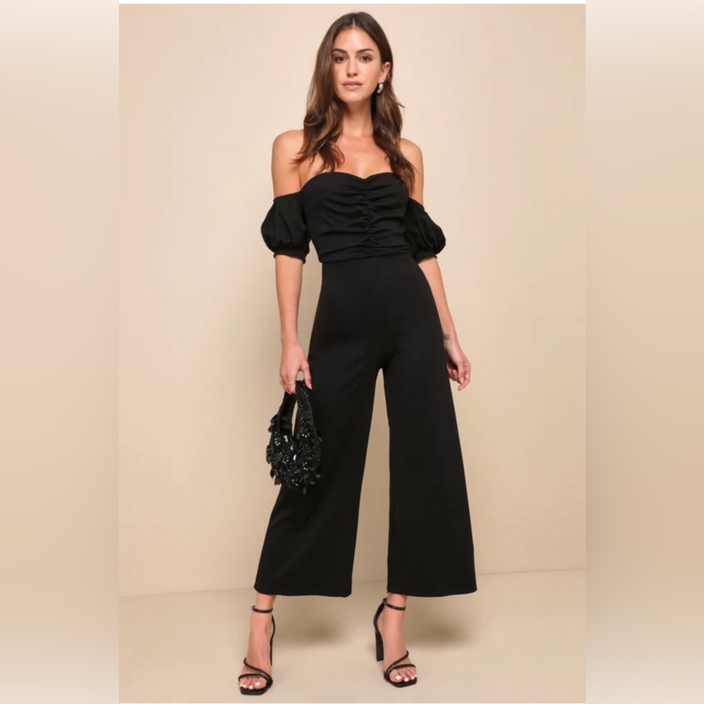 Lulus Impress Release Black Off-the-Shoulder Puff Sleeve Jumpsuit size Medium